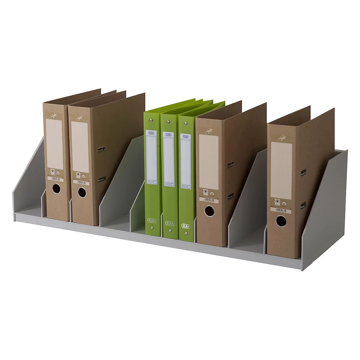 Folders in a folder stand. Brown and green folders in a gray stand.