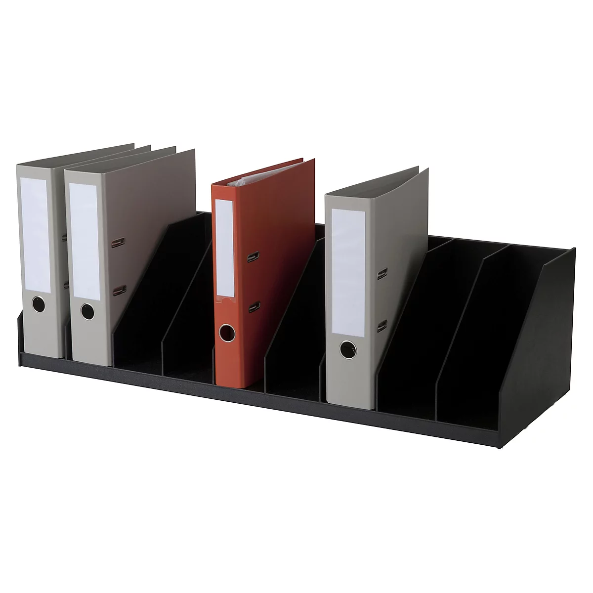 Black file organizer with multiple grey and red binders. The binders have white labels.