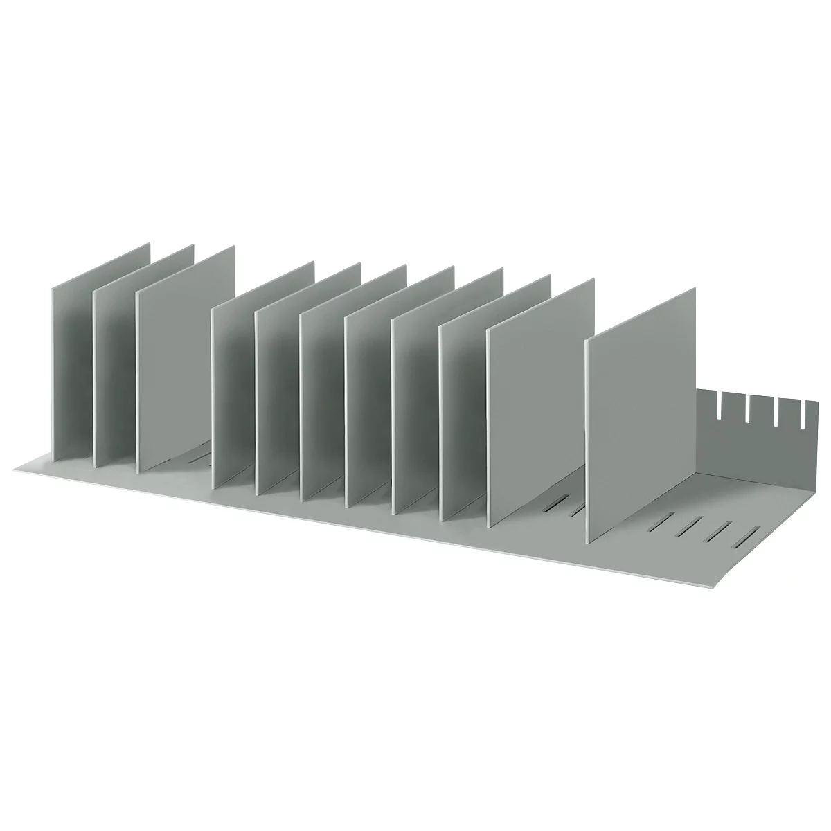 Gray file organizer with multiple vertical dividers. The dividers have a slightly angled shape and are connected by holes in the base.