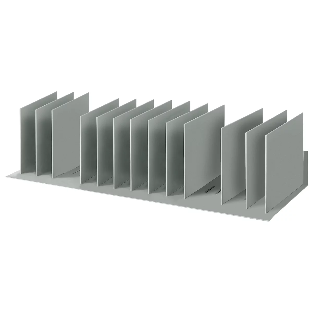 Grey heatsink with many rectangular fins.