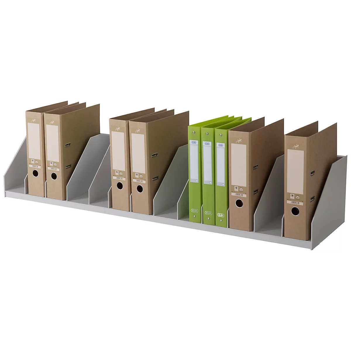 A white file stand with brown and green file folders.