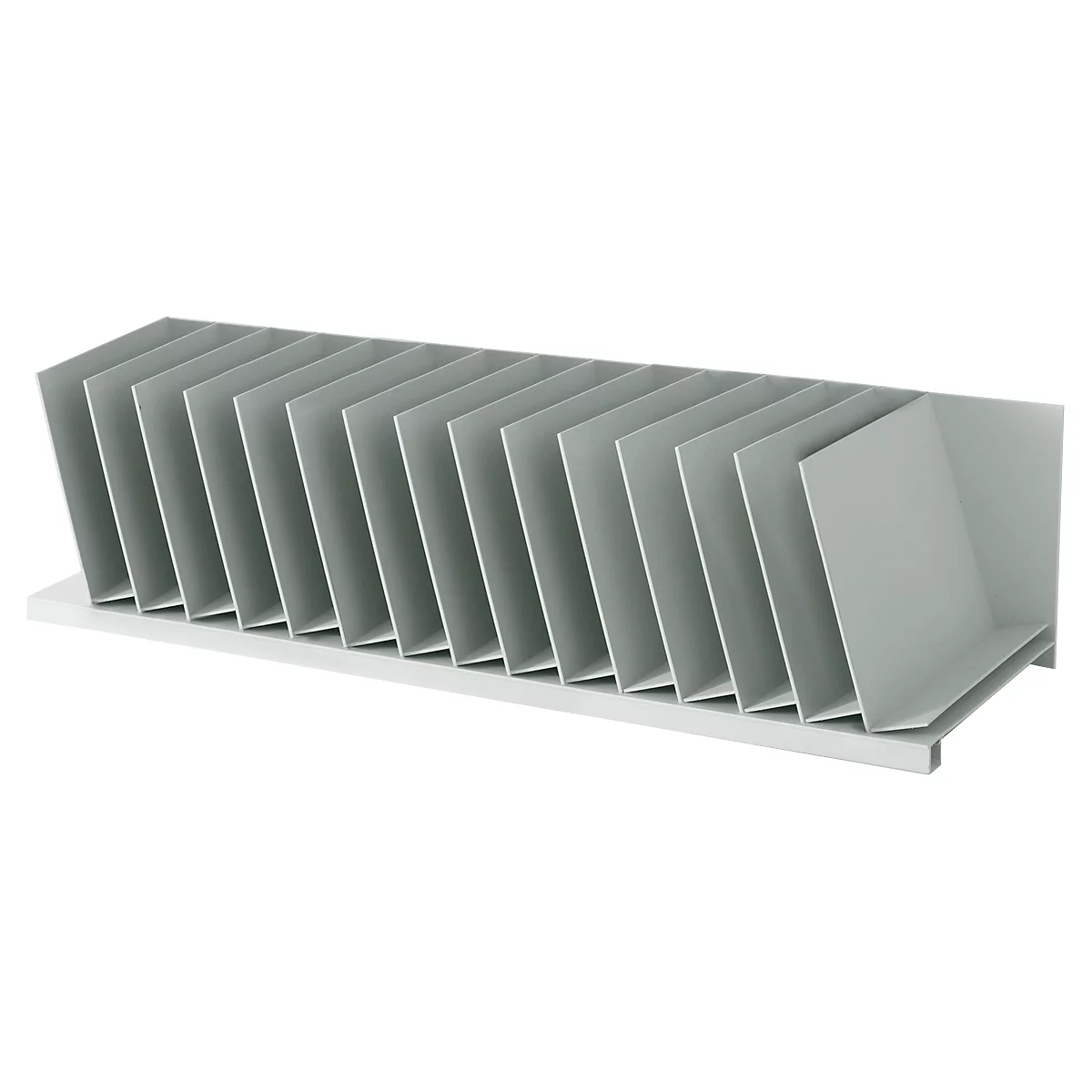 Gray heat sink with folded fins, on a white base.