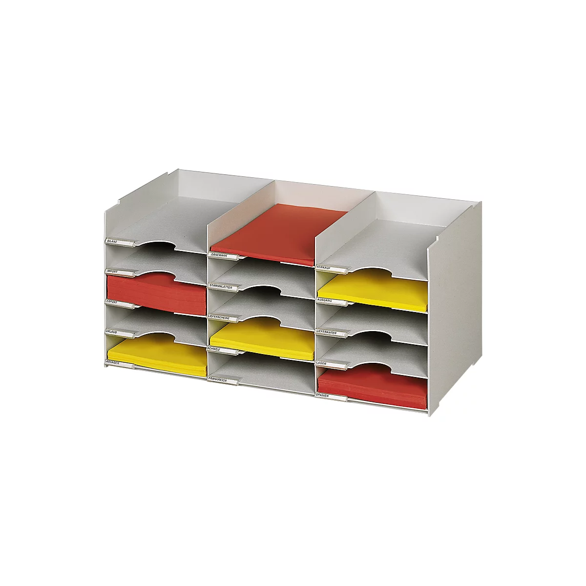 White document organizer with 12 compartments, filled with red and yellow paper, labeled with small tags.