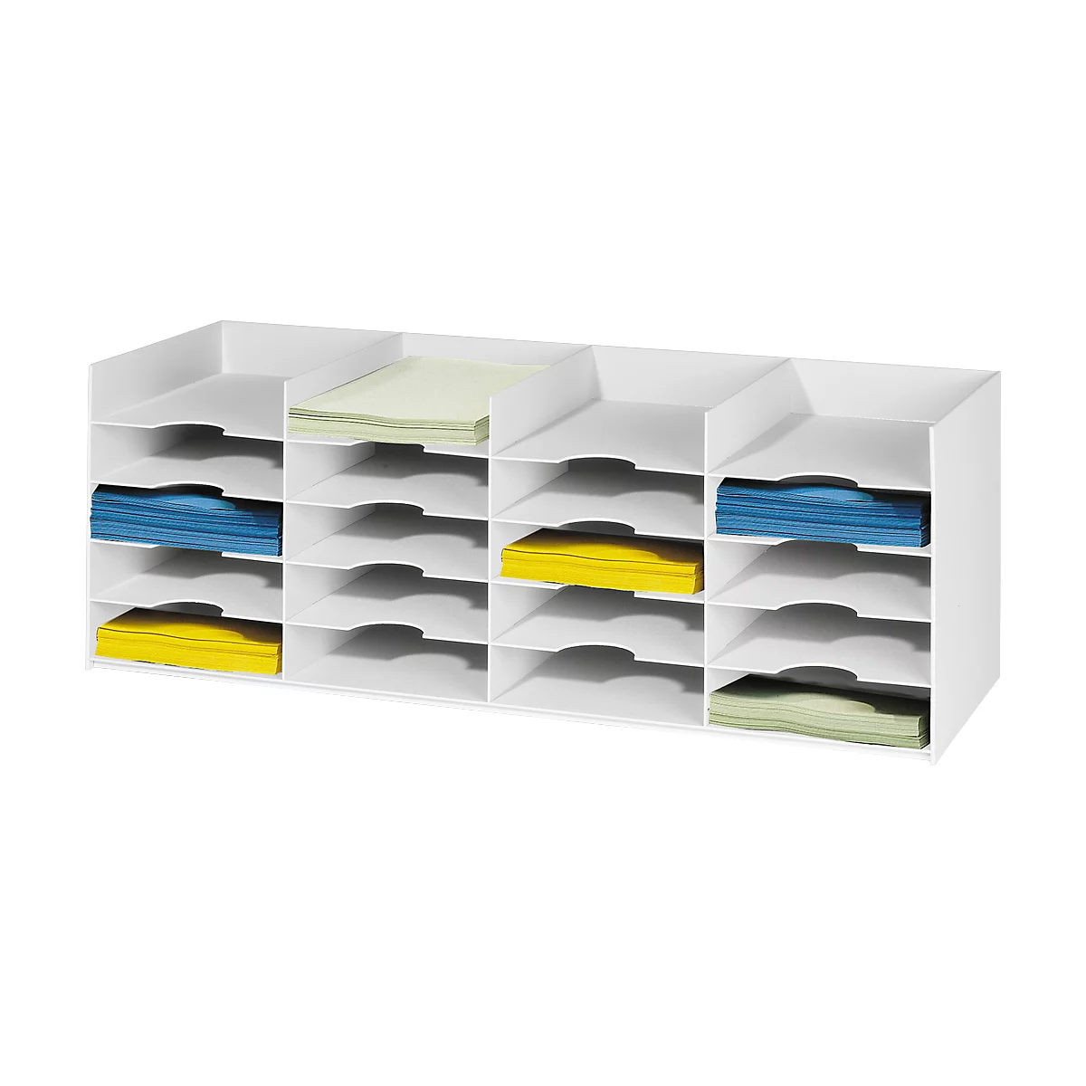 White document organizer with multiple compartments filled with colorful papers.