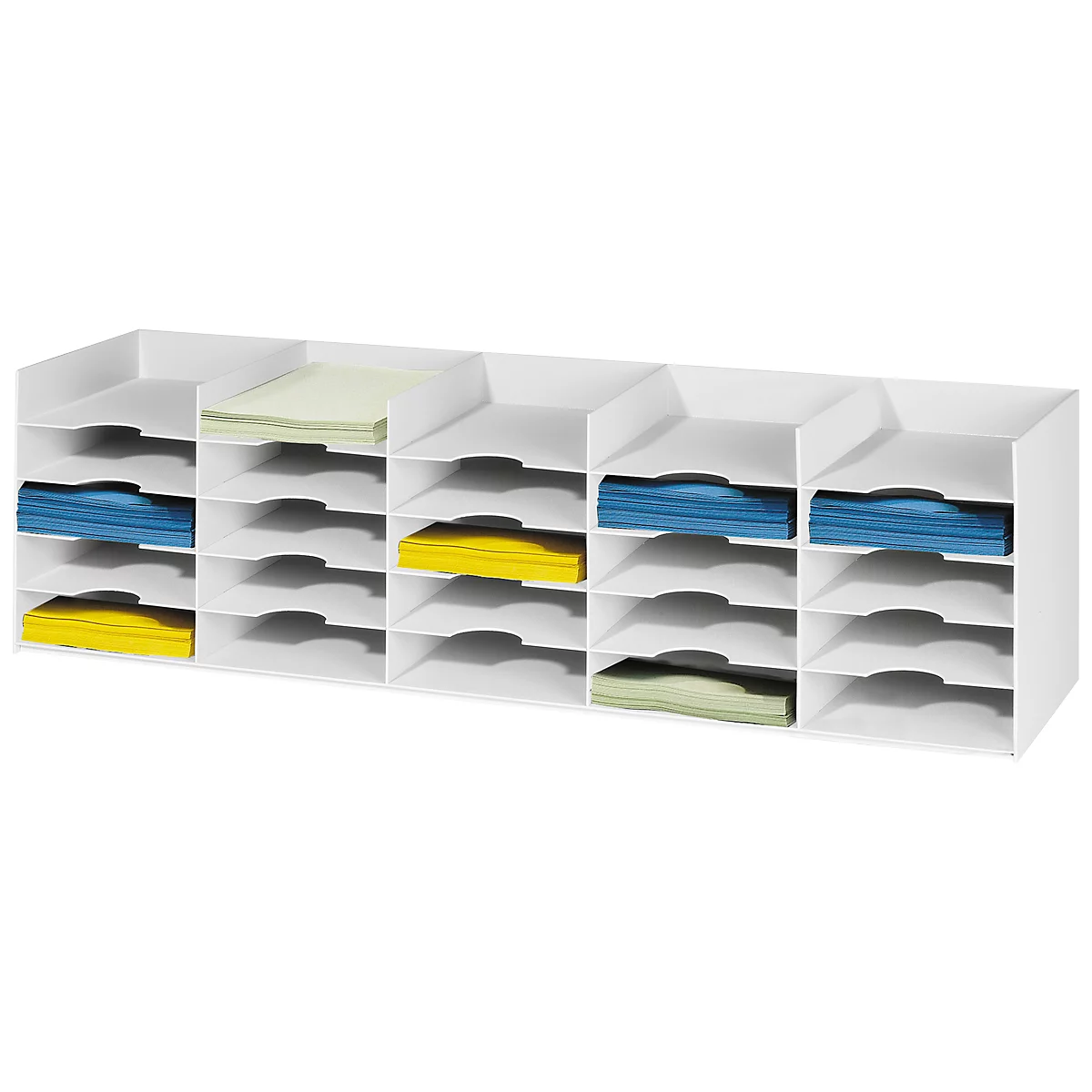 White storage system with multiple compartments, filled with colored paper. The storage has a rectangular shape.