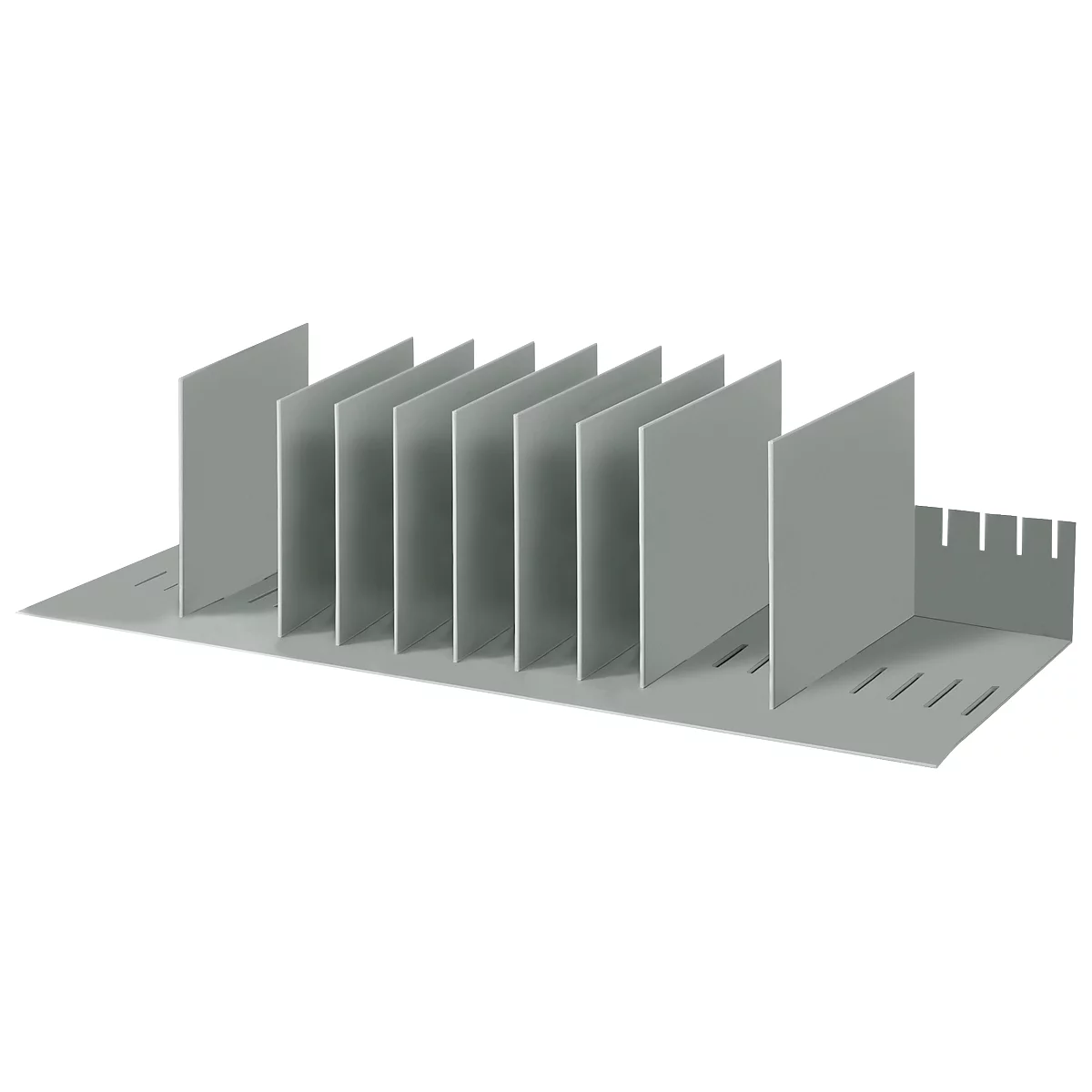 Grey file divider with vertical dividers for organizing documents.