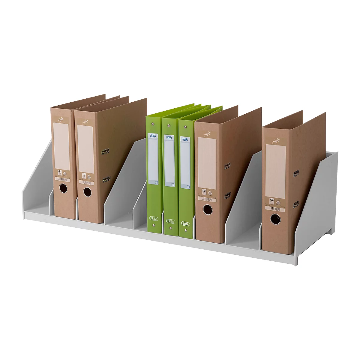 File organizer with brown and green folders, white metal. Labels visible on the folders.