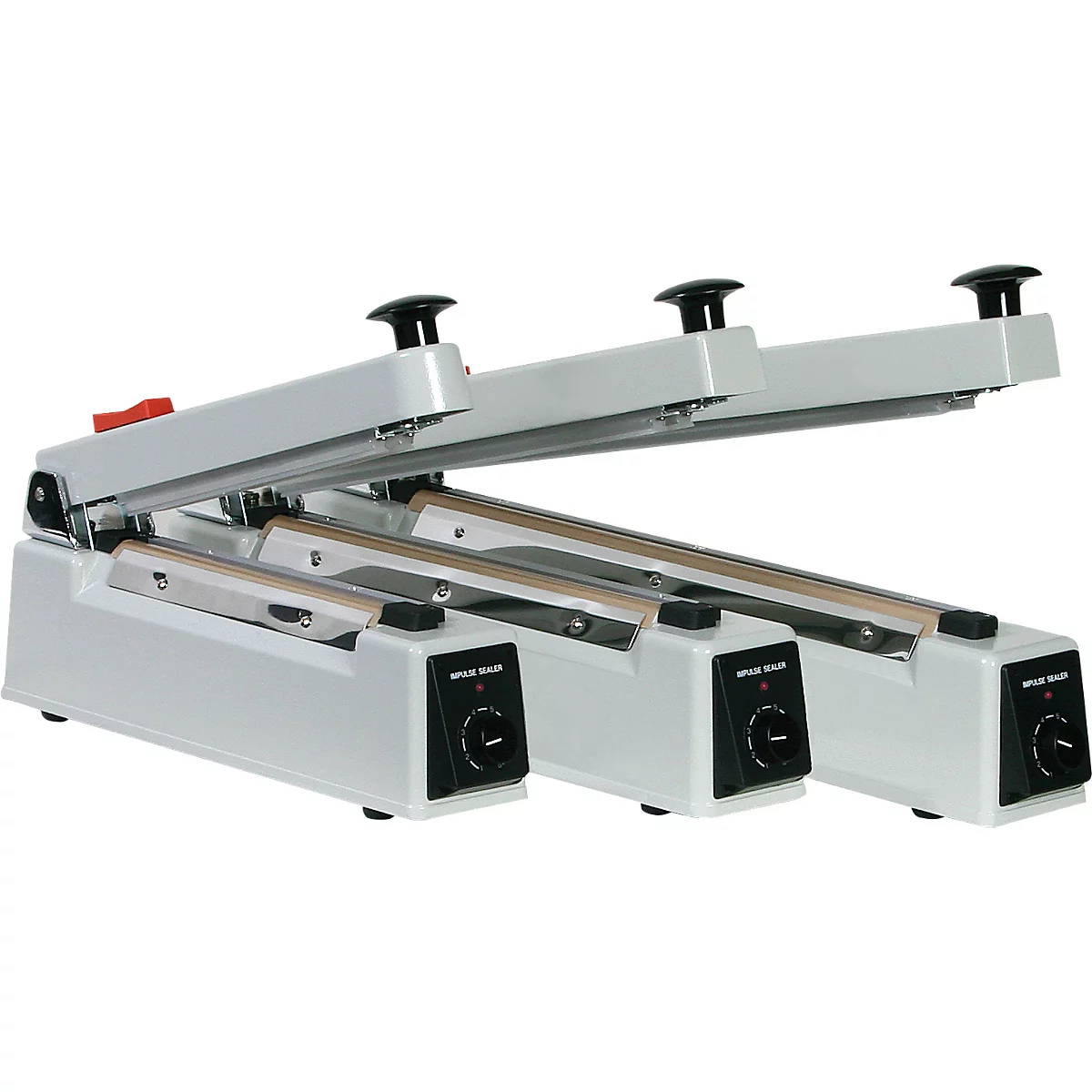 Soudeuse de films ECO Sealer 300, pour films d'une épaisseur allant jusqu'à 150 μ, longueur du cordon de soudure 300 mm, puissance 500 W, avec couteau, métal, gris.