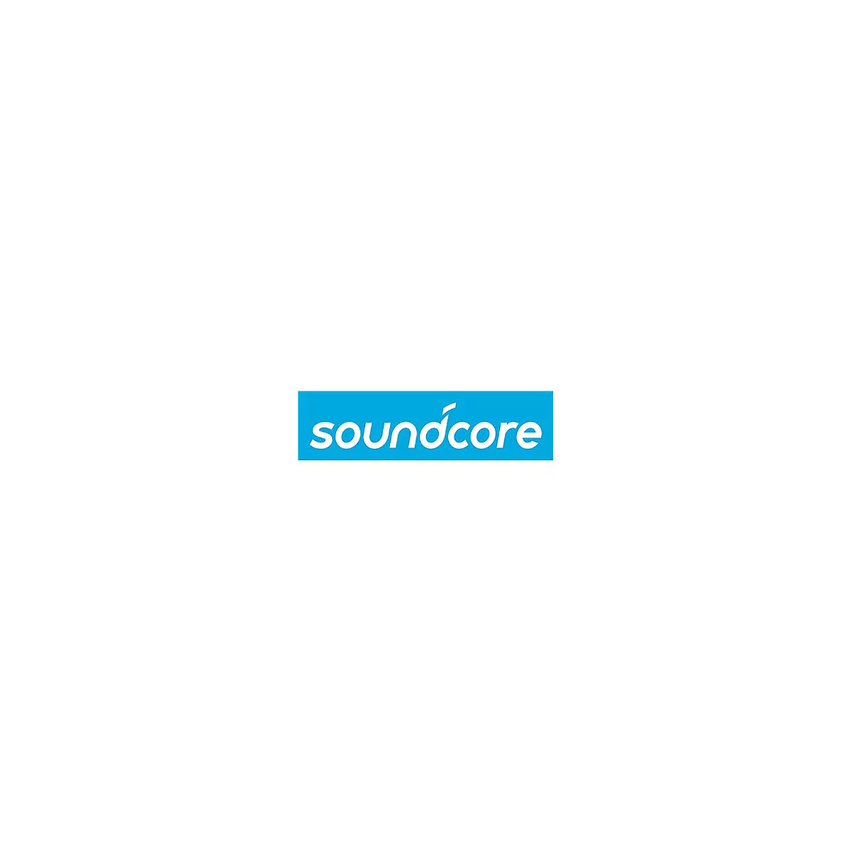 Das Logo von Soundcore: Weißer Schriftzug auf blauem Hintergrund. Der Schriftzug ist Soundcore.