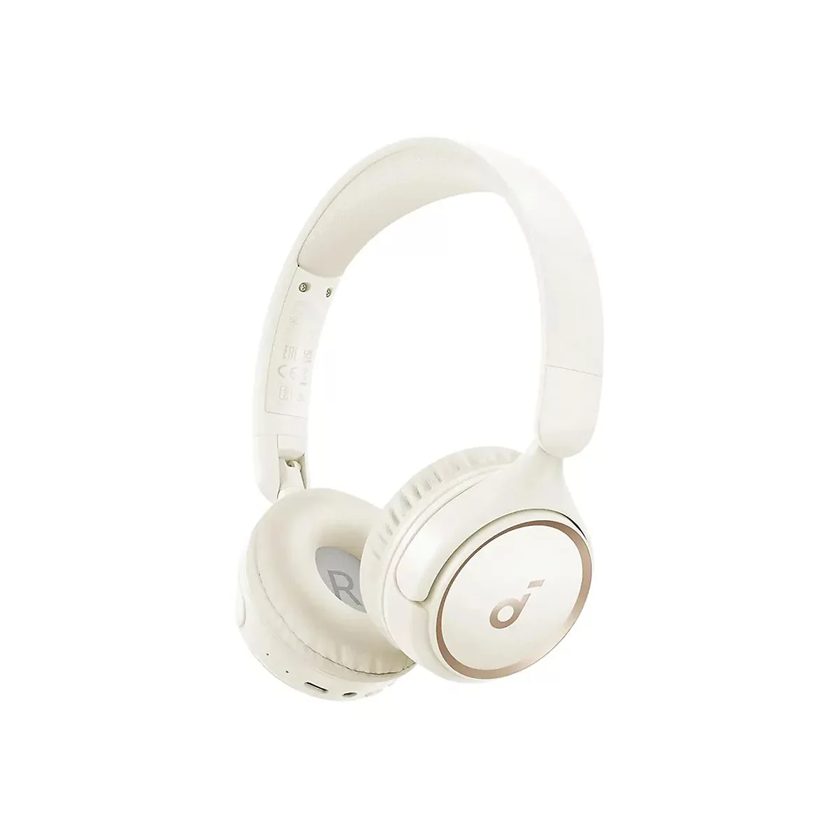 Beige kabelloser Over-Ear-Kopfhörer von Anker, isoliert auf weißem Hintergrund. Goldfarbene Akzente und Logo auf der Ohrmuschel.