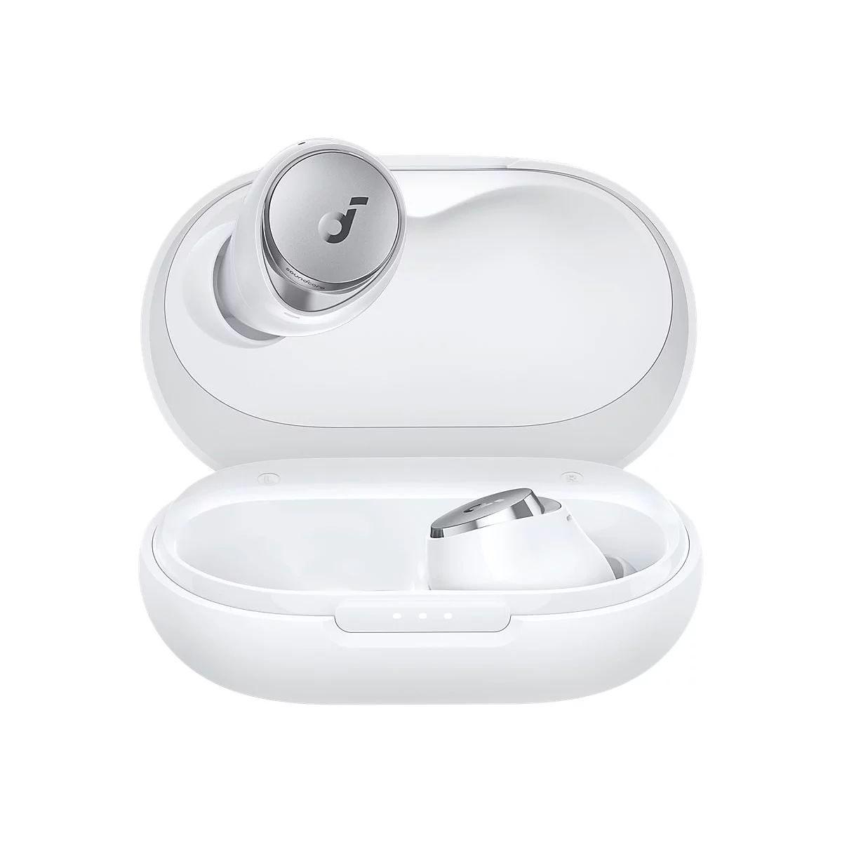 Weiße In-Ear-Kopfhörer in geöffneter Ladebox. Ein Kopfhörer liegt in der Box, der andere daneben.