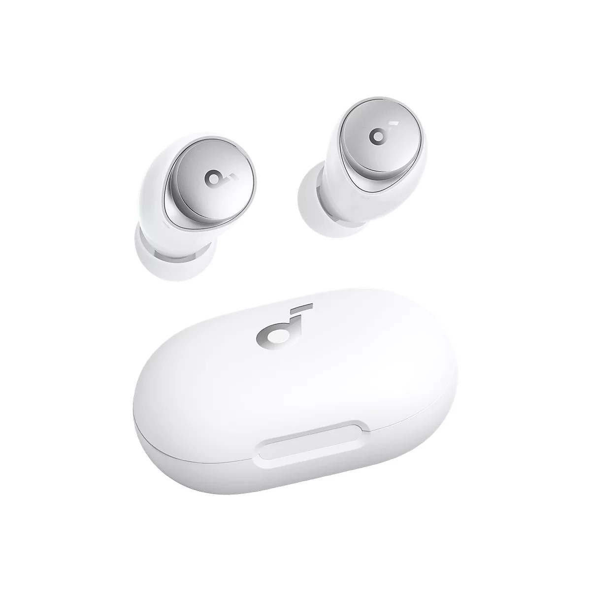Weiße kabellose Ohrhörer mit Ladecase. Zwei Ohrhörer und Case vor weißem Hintergrund.