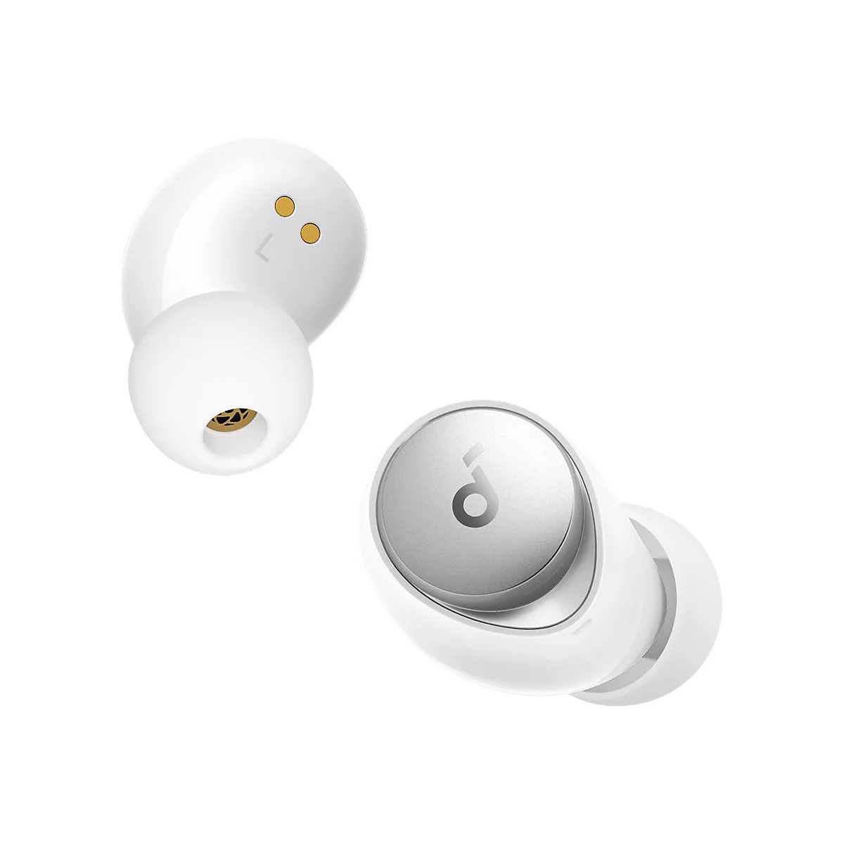 Zwei weiße kabellose Ohrhörer auf weißem Hintergrund.