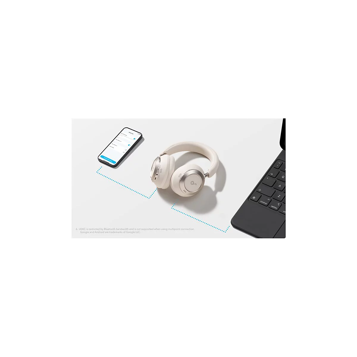 WeiÃŸes Headset mit Telefon und Tastatur. Die GerÃ¤te sind mit einer gestrichelten Linie verbunden.