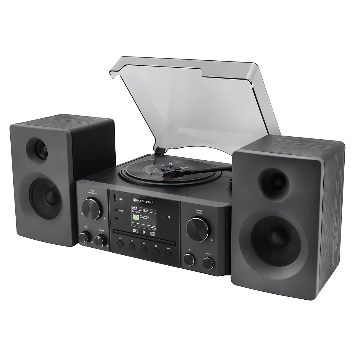 Chaîne stéréo gris foncé avec deux haut-parleurs, platine vinyle avec couvercle ouvert, écran.