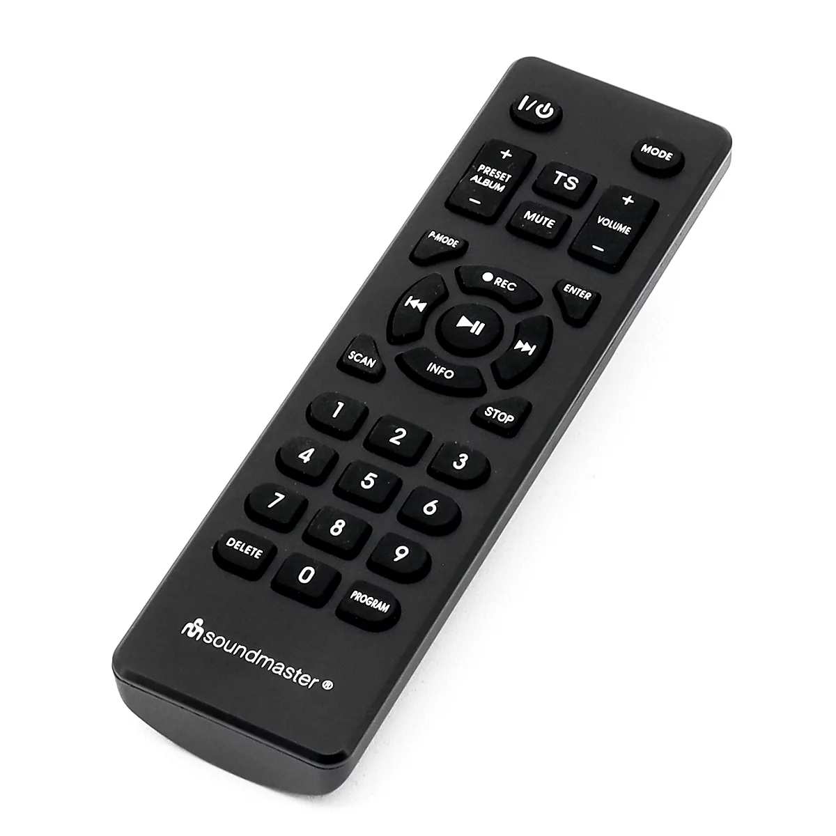 Télécommande noire avec de nombreux boutons. Logo et lettrage Soundmaster en haut. Sur fond blanc.