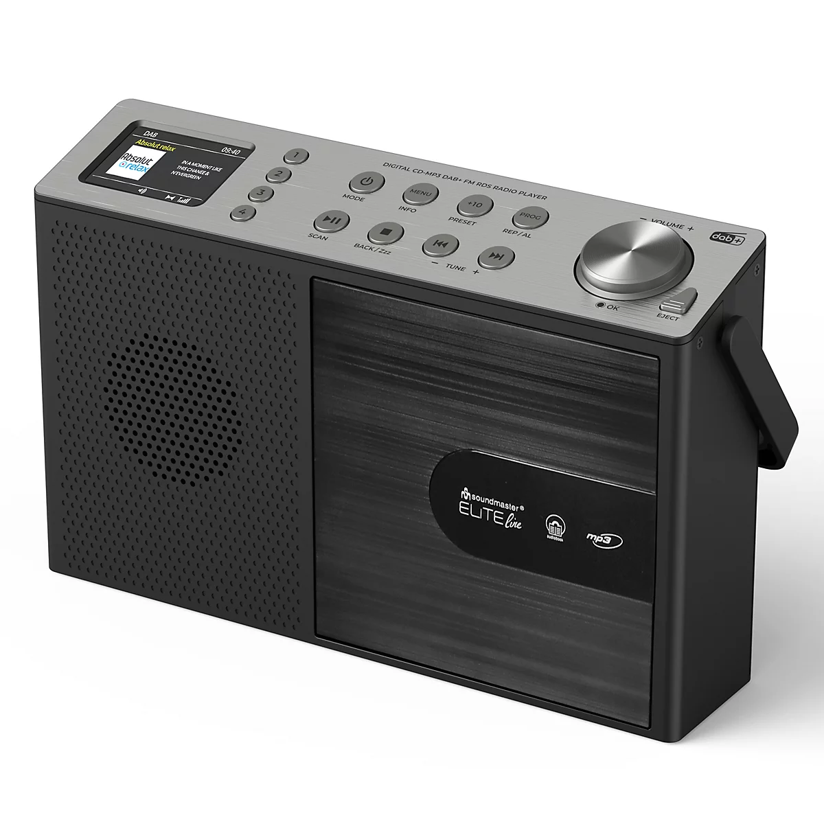 Dunkelgraues Radio mit Holzoptik-Front, Bildschirm und Bedienelementen.