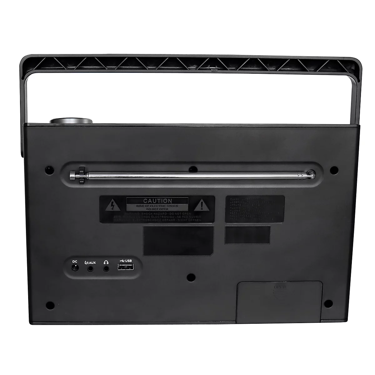 Rückseite eines schwarzen Radios mit Antenne und Tragegriff. Unten Anschlüsse und Schriftzug 'Caution'.