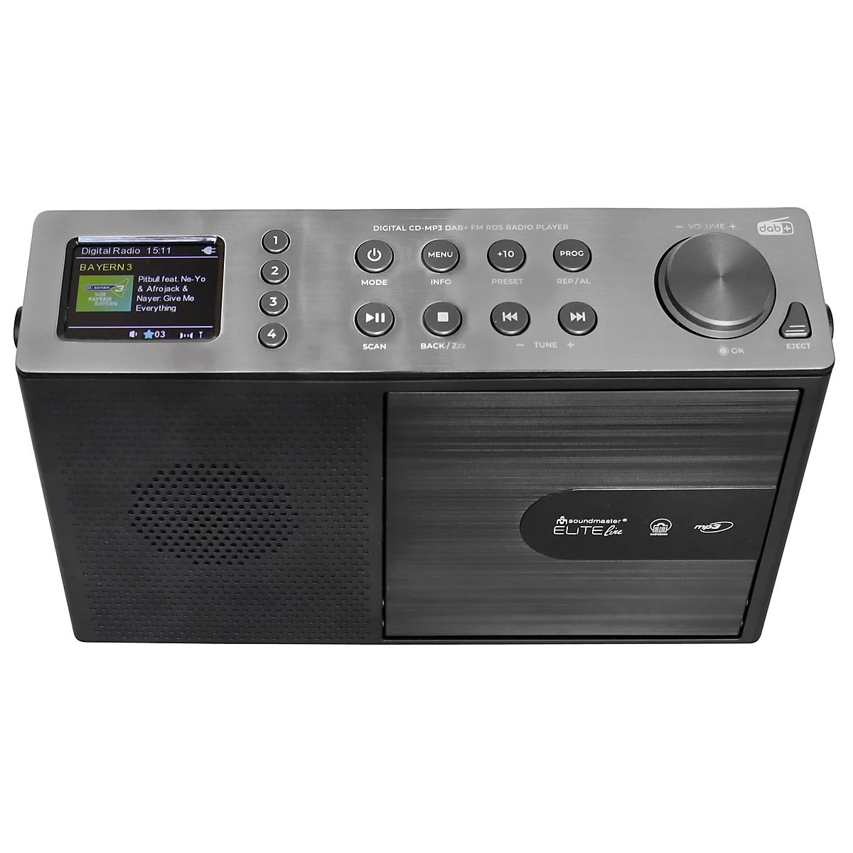 Draufsicht auf ein schwarzes und silbernes Digitalradio mit Bildschirm, Knöpfen und einem Drehregler.