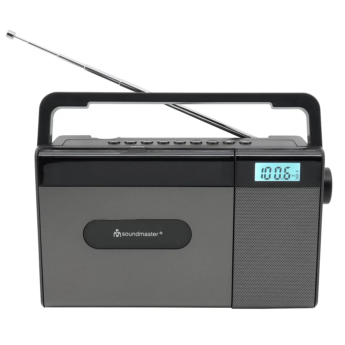 Schwarzes Soundmaster-Radio mit Tragegriff, ausziehbarer Antenne und digitaler Anzeige.