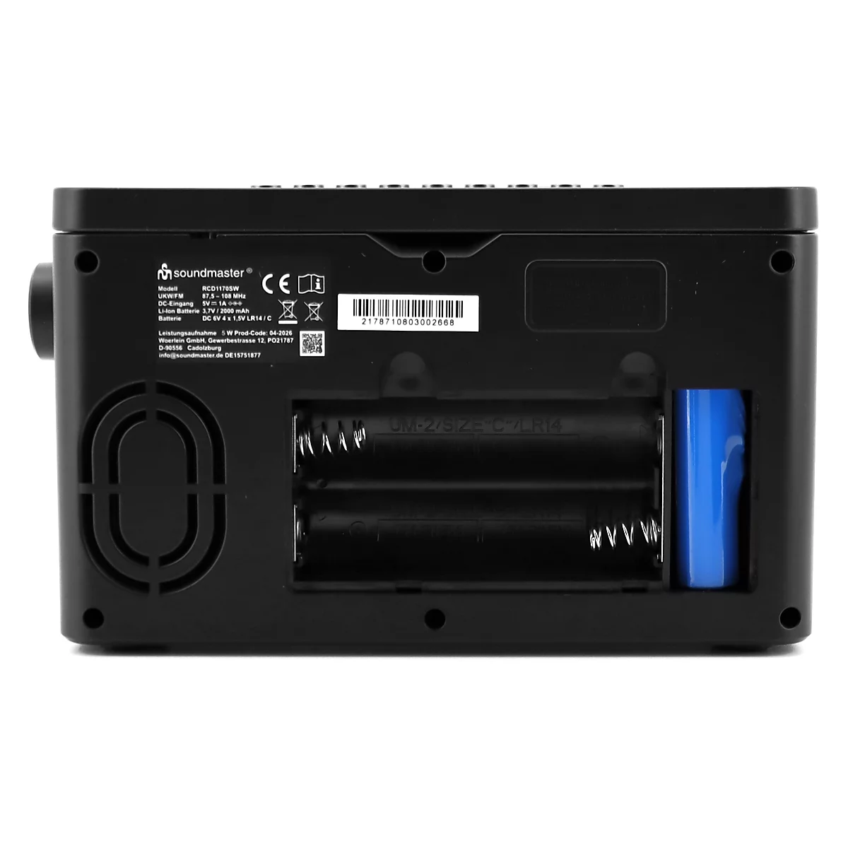 Rückseite eines schwarzen Radios mit geöffnetem Batteriefach und Produktdetails.