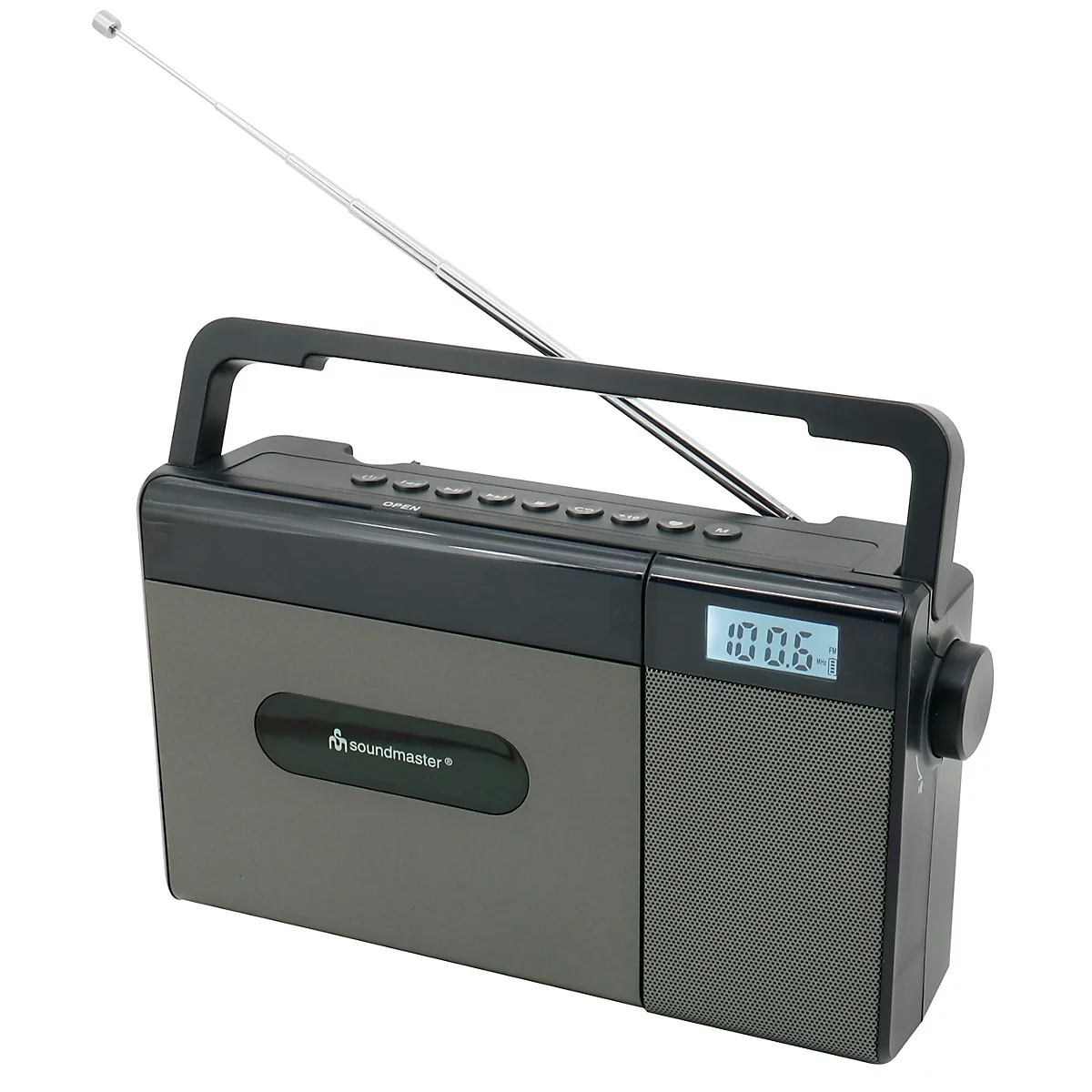 Graues Soundmaster-Radio mit Tragegriff, ausziehbarer Antenne und digitalem Display vor weißem Hintergrund.