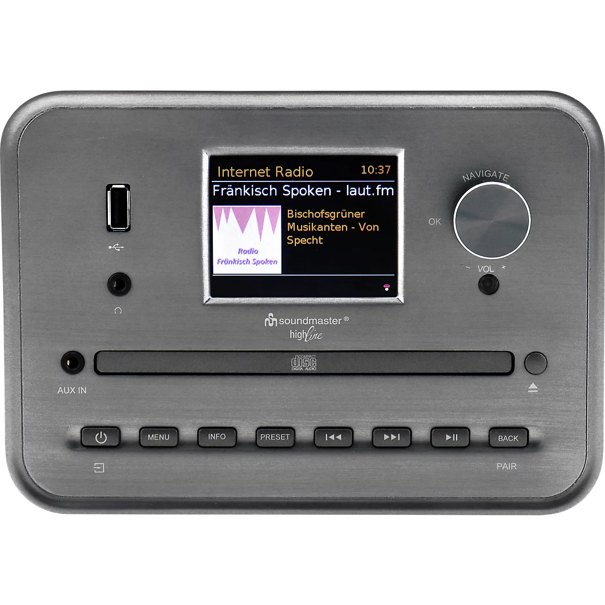 Radio gris avec écran, port USB, boutons et bouton rotatif, affichant la radio Internet. Musikanten-Von Specht.