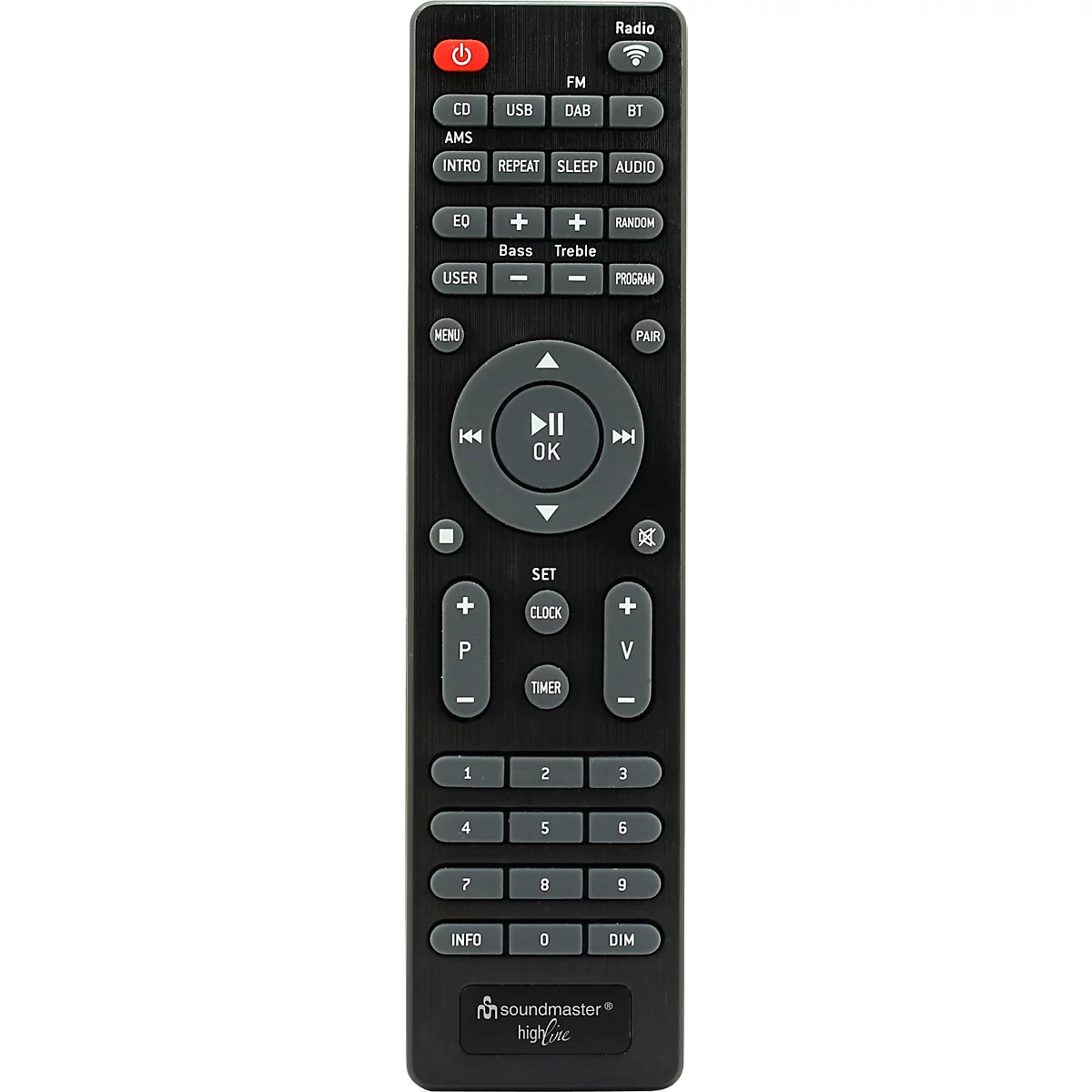 Télécommande noire avec de nombreux boutons. Bouton radio et marche/arrêt en haut, CD, USB, DAB, BT, etc. en dessous. Bouton de lecture avec OK au milieu.