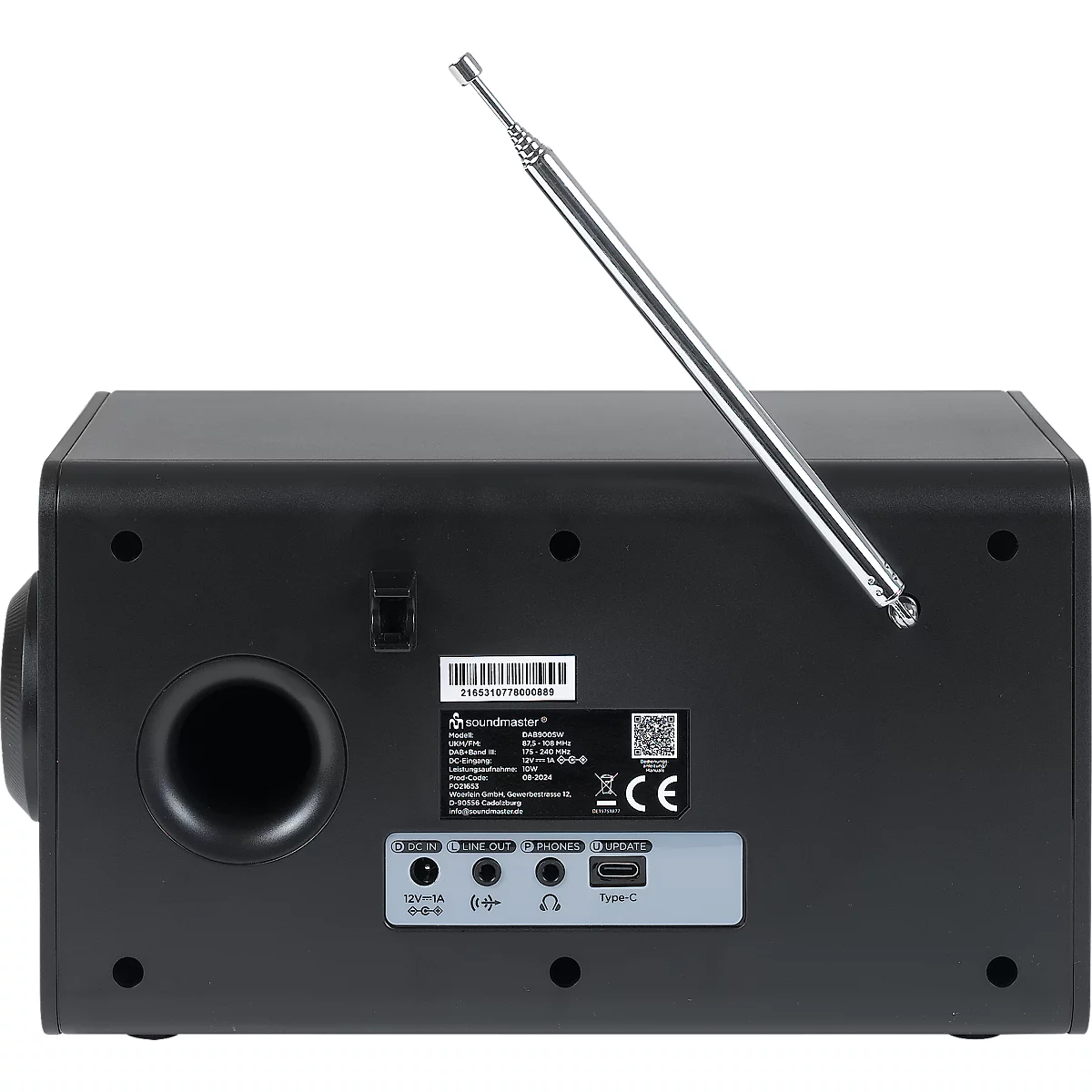 Dos d'une radio noire avec antenne rétractable. Ports : alimentation, sortie ligne, casque, USB-C.