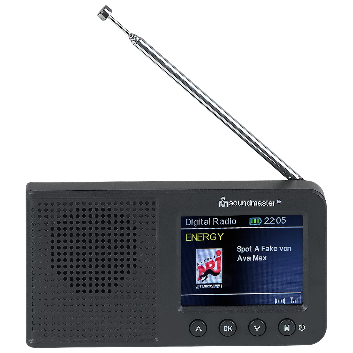 Radio numérique noir avec une antenne rétractable. L'écran affiche "Energy" et le titre d'une chanson.