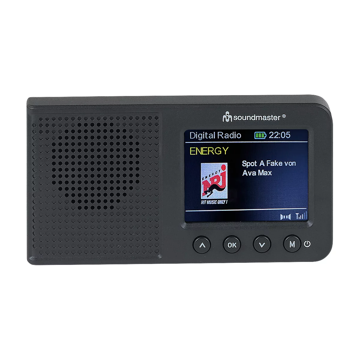 Radio numérique gris foncé avec écran. Il affiche une station de radio et l'heure. Boutons de commande en bas.