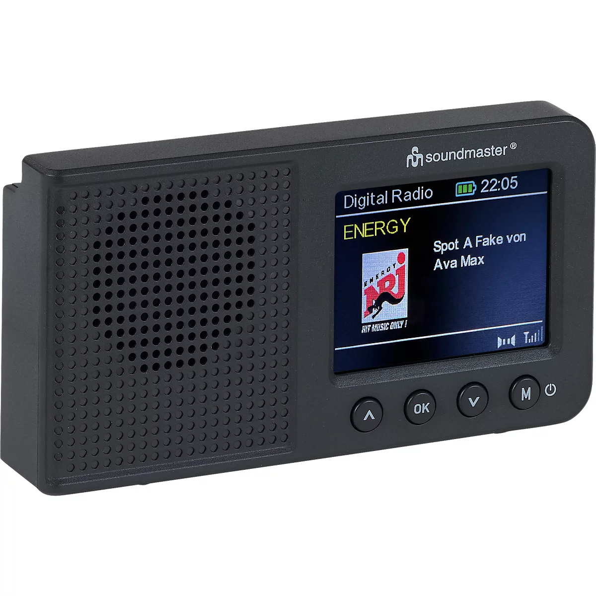 Radio numérique noir, écran avec informations, logo Energy, station de radio, titre, heure, boutons.