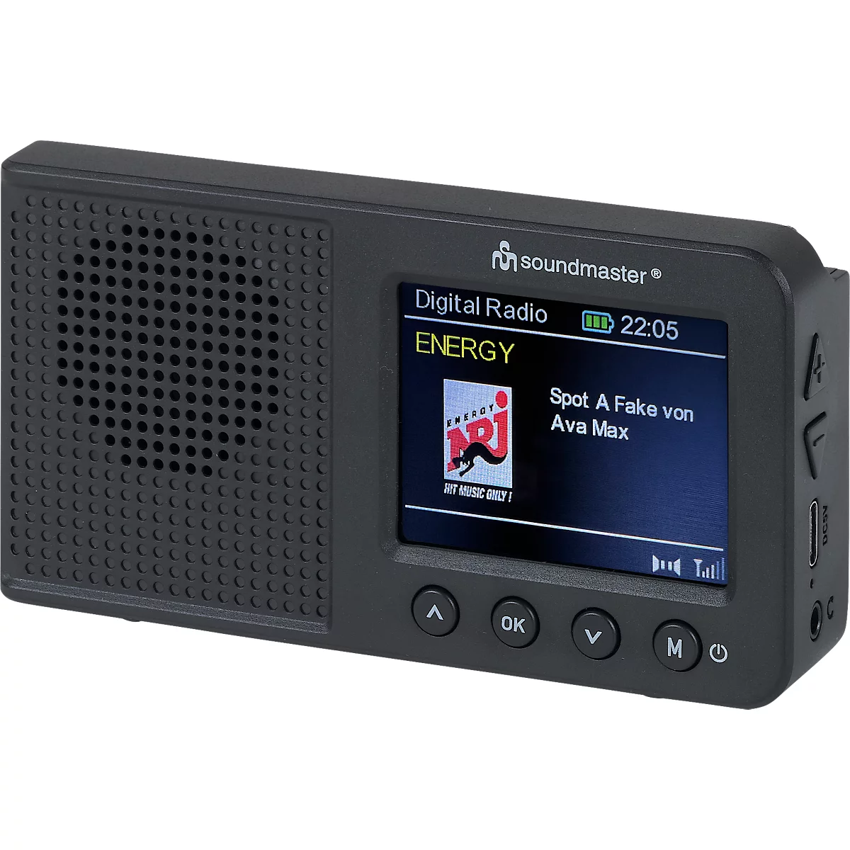 Radio numérique noire, marque soundmaster, avec écran et boutons. Sur l'écran : ENERGY, logo, heure.