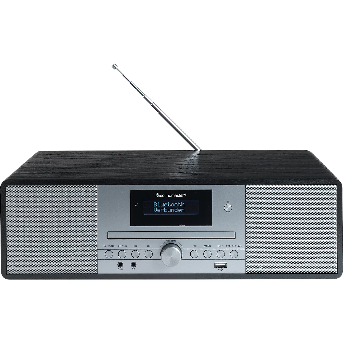 Radio Soundmaster sombre avec antenne déployée, écran affichant la connexion Bluetooth.