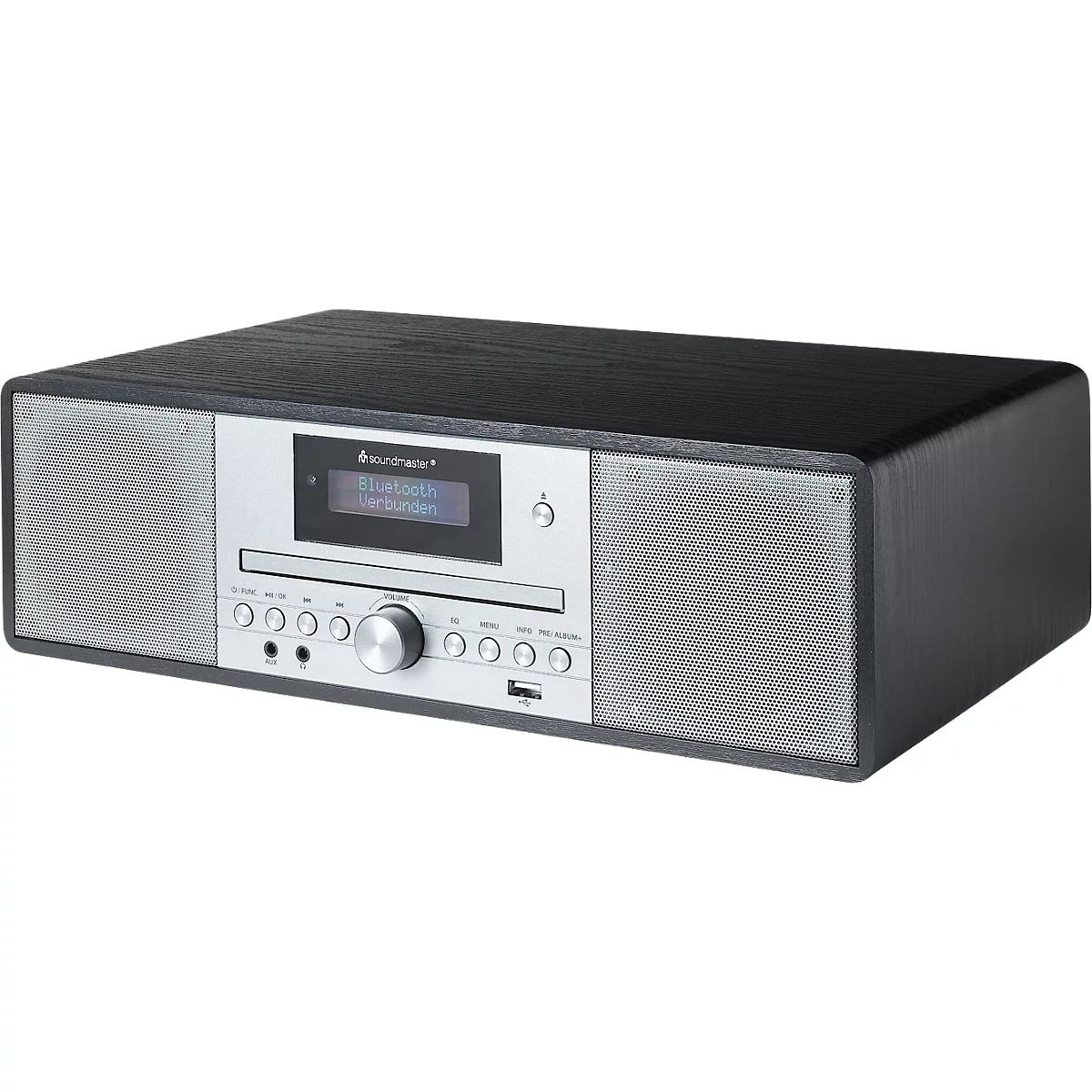 Radio Soundmaster noir avec façade argentée, haut-parleurs, écran et commandes.