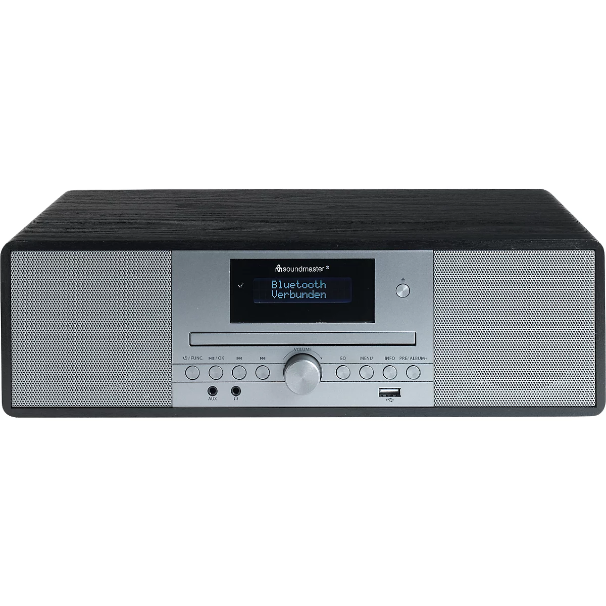 Radio Soundmaster noir avec façade argentée. L'écran affiche 'Bluetooth connecté'. Port USB et boutons en bas.