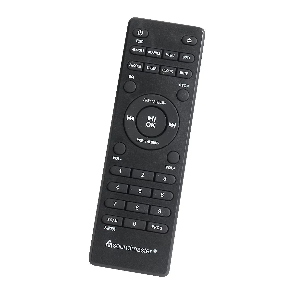 Télécommande noire avec de nombreux boutons. Les inscriptions sont blanches. L'inscription "soundmaster" est visible en bas.