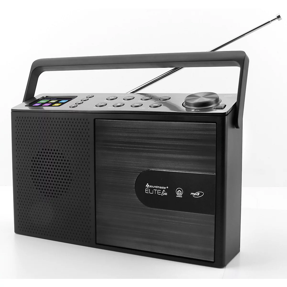 Radio noir avec façade aspect bois, boutons et antenne. Il y a une poignée de transport en haut. Le mot "ELITE" est visible à l'avant.