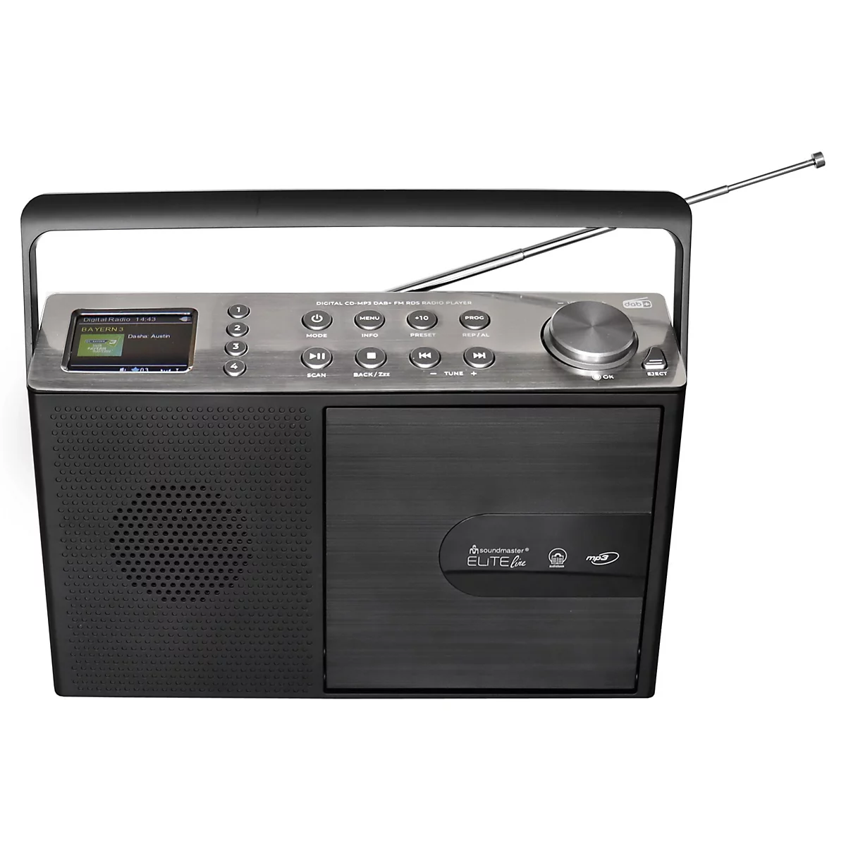 Radio noir avec des accents argentés, une poignée et une antenne extensible. L'écran numérique affiche des informations.