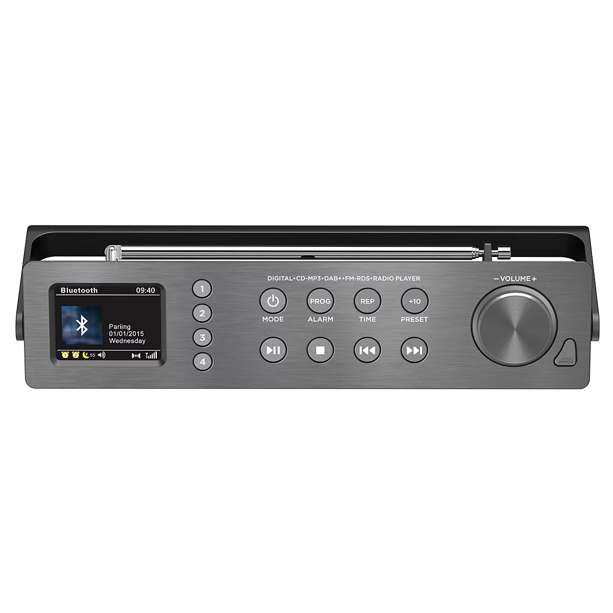 Radio DAB aspect métallique avec boutons et affichage indiquant la fonction Bluetooth et l'heure.