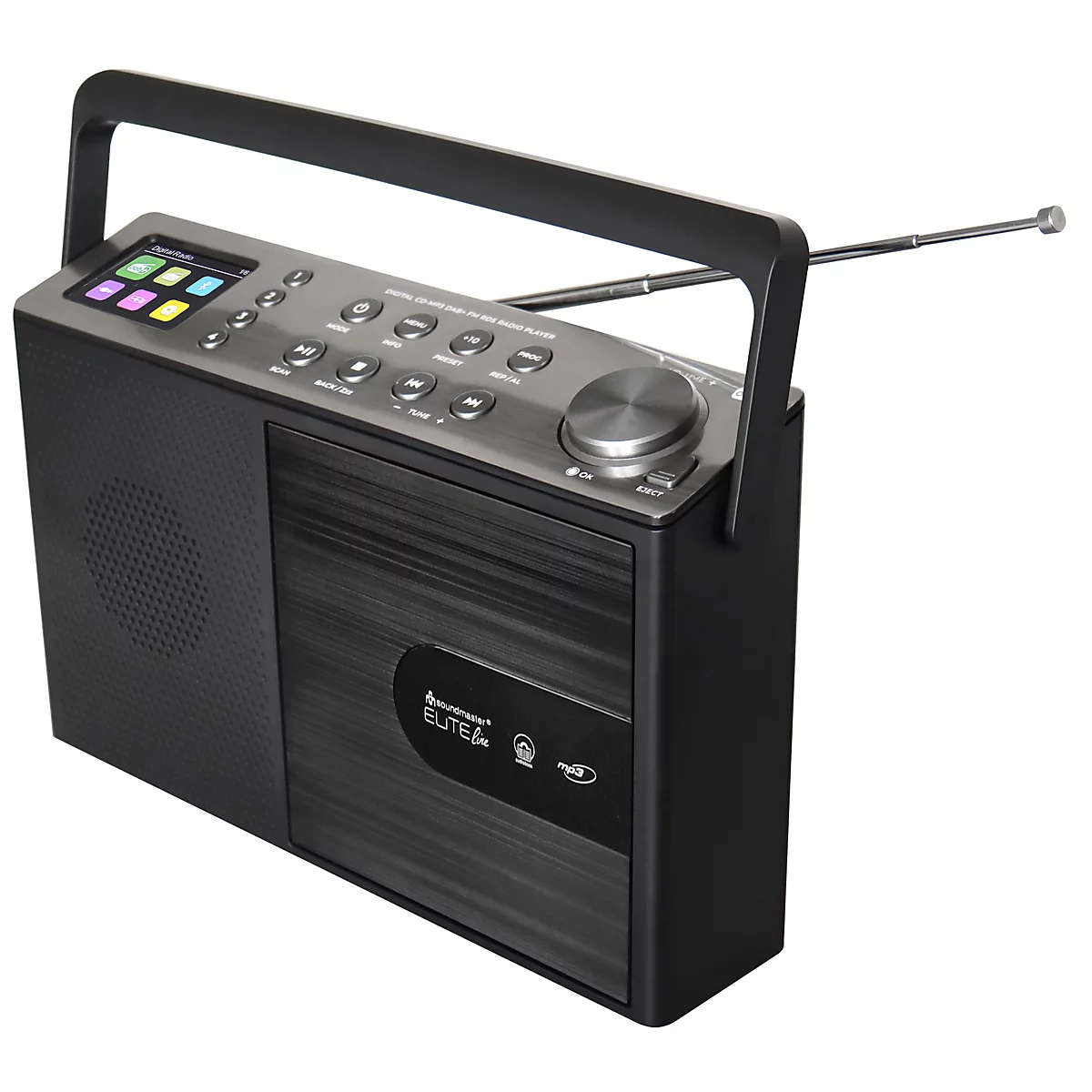 Radio rétro gris foncé avec poignée, antenne et boutons. En haut se trouve un petit écran avec des boutons colorés.