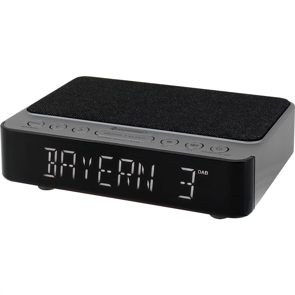 Radio noir avec affichage numérique. L'écran affiche "BAYERN 3". Un cache-haut-parleur est sur le dessus.