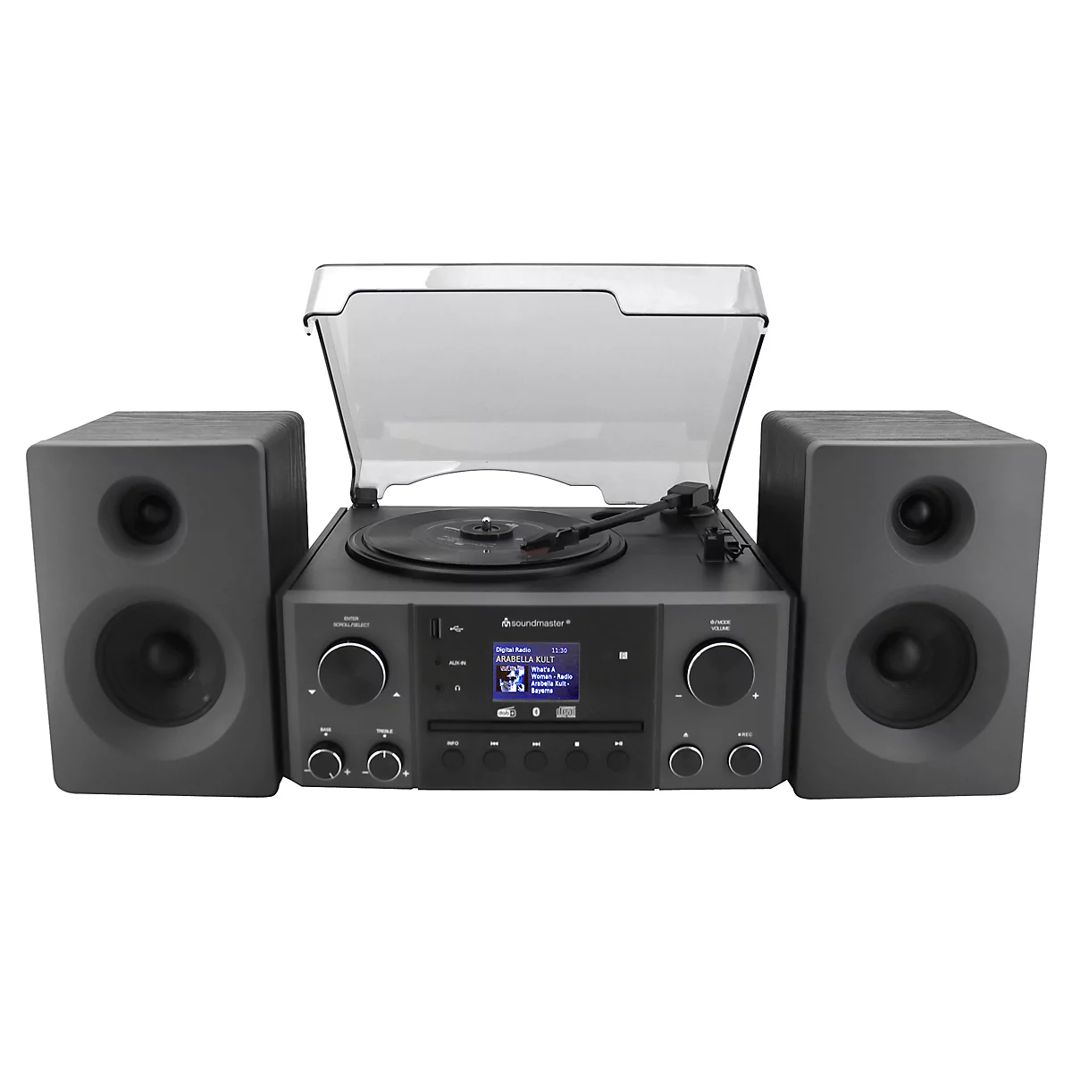 Stereoanlage mit Plattenspieler, zwei Lautsprechern und Display. Schwarze Geräte auf weißem Hintergrund.