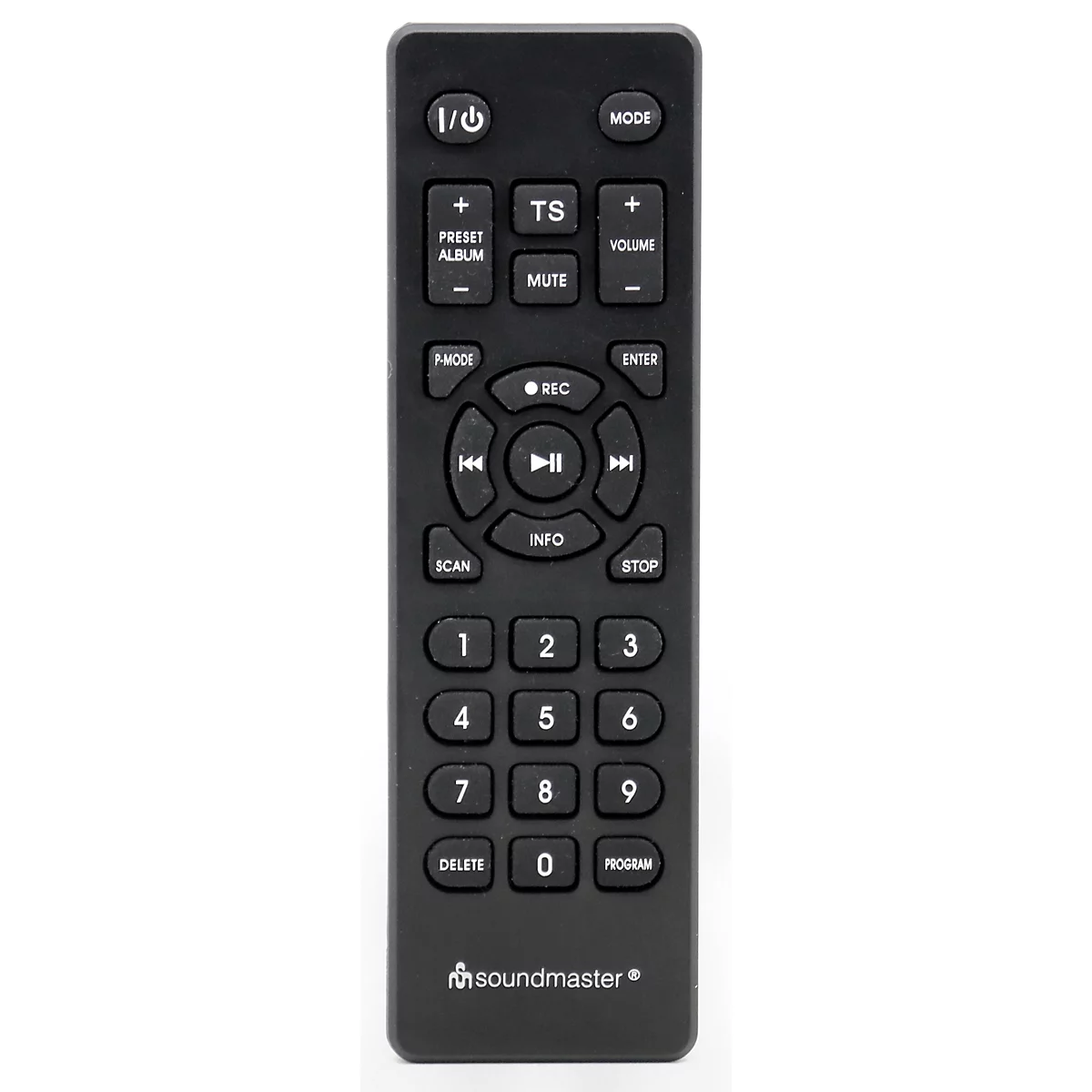 Schwarze Fernbedienung mit Knöpfen. Oben: Ein/Aus, Mode. Mitte: Wiedergabe, Pause, Info, Mute. Unten: Zifferntasten, Delete, Program.