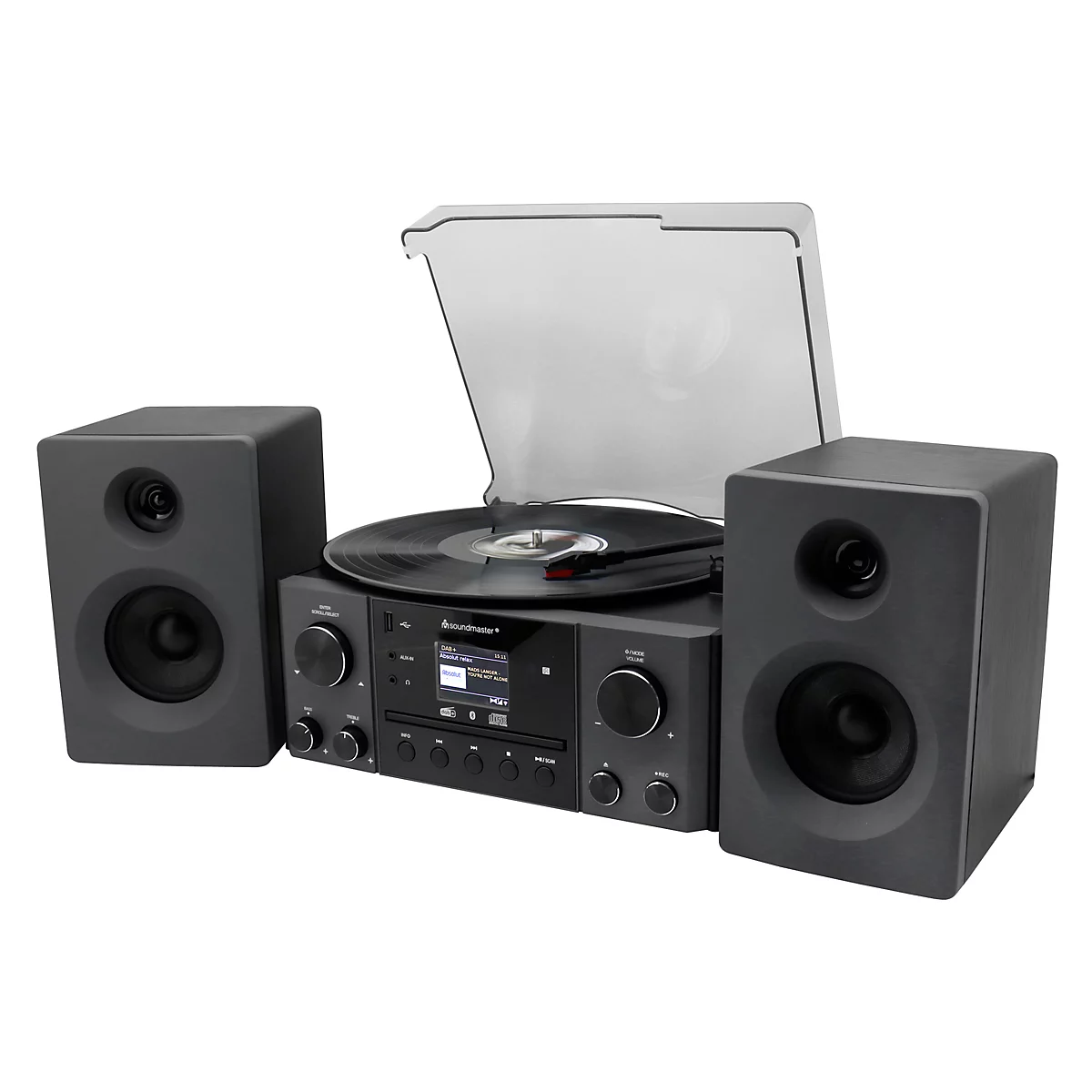 Plattenspieler mit zwei Lautsprechern in Grau vor weißem Hintergrund. Der Deckel ist geöffnet, die Nadel liegt auf der Schallplatte.