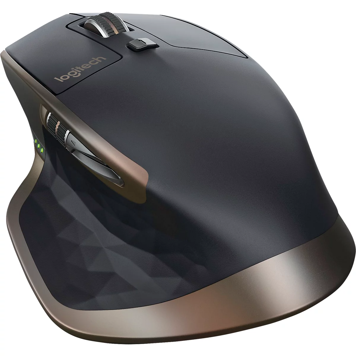 Souris sans fil, noire avec un accent doré. Dessus avec le logo Logitech, molette de défilement et boutons. Côté gauche avec boutons de fonction latéraux.