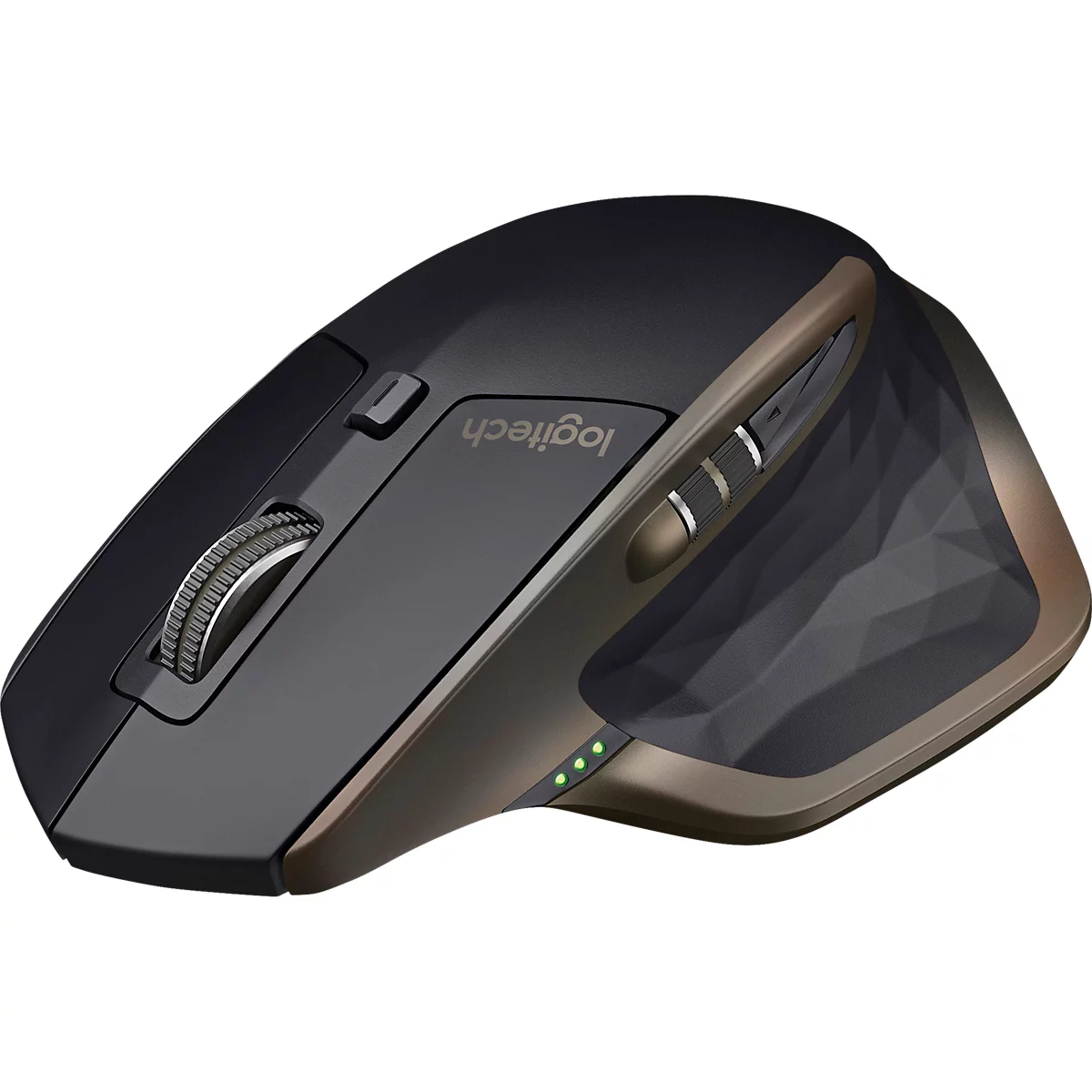 Souris sans fil, gris foncé avec des accents dorés. Logo Logitech visible. Molette de défilement, boutons latéraux et indicateur de charge.