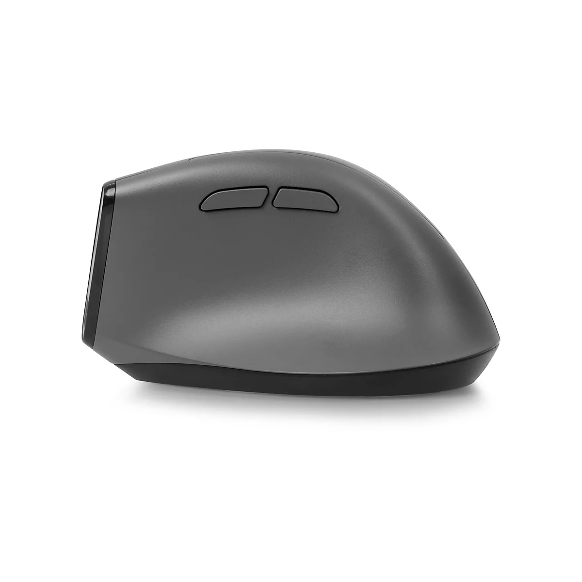 Souris ergonomique grise sur fond blanc. Deux boutons sur le dessus. Base noire contrastée.