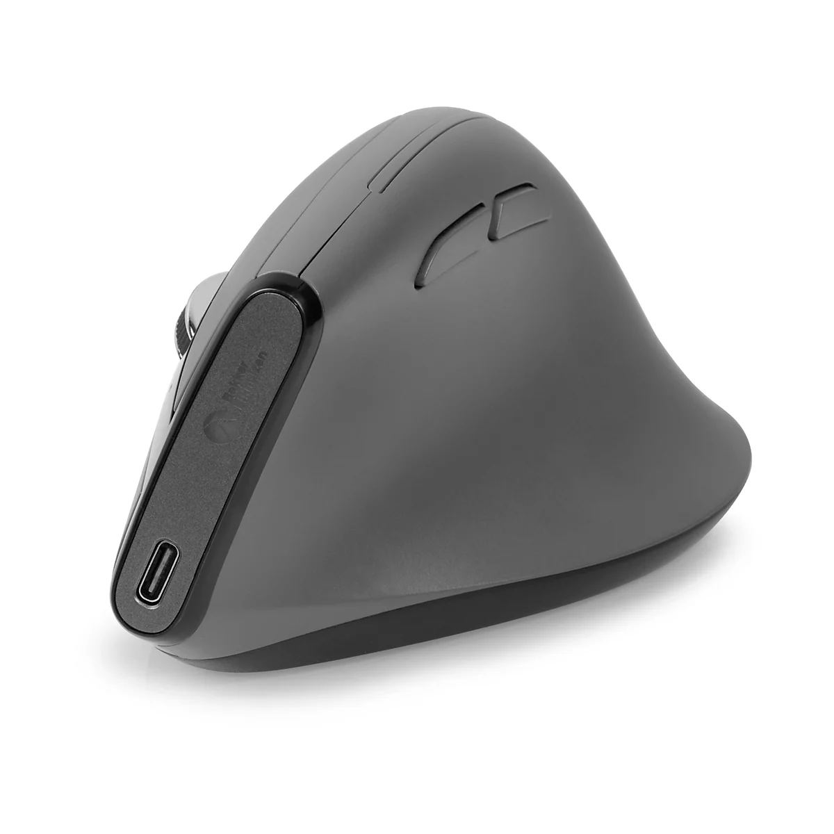 Vue détaillée d'une souris ergonomique grise, de côté. Port USB-C noir.