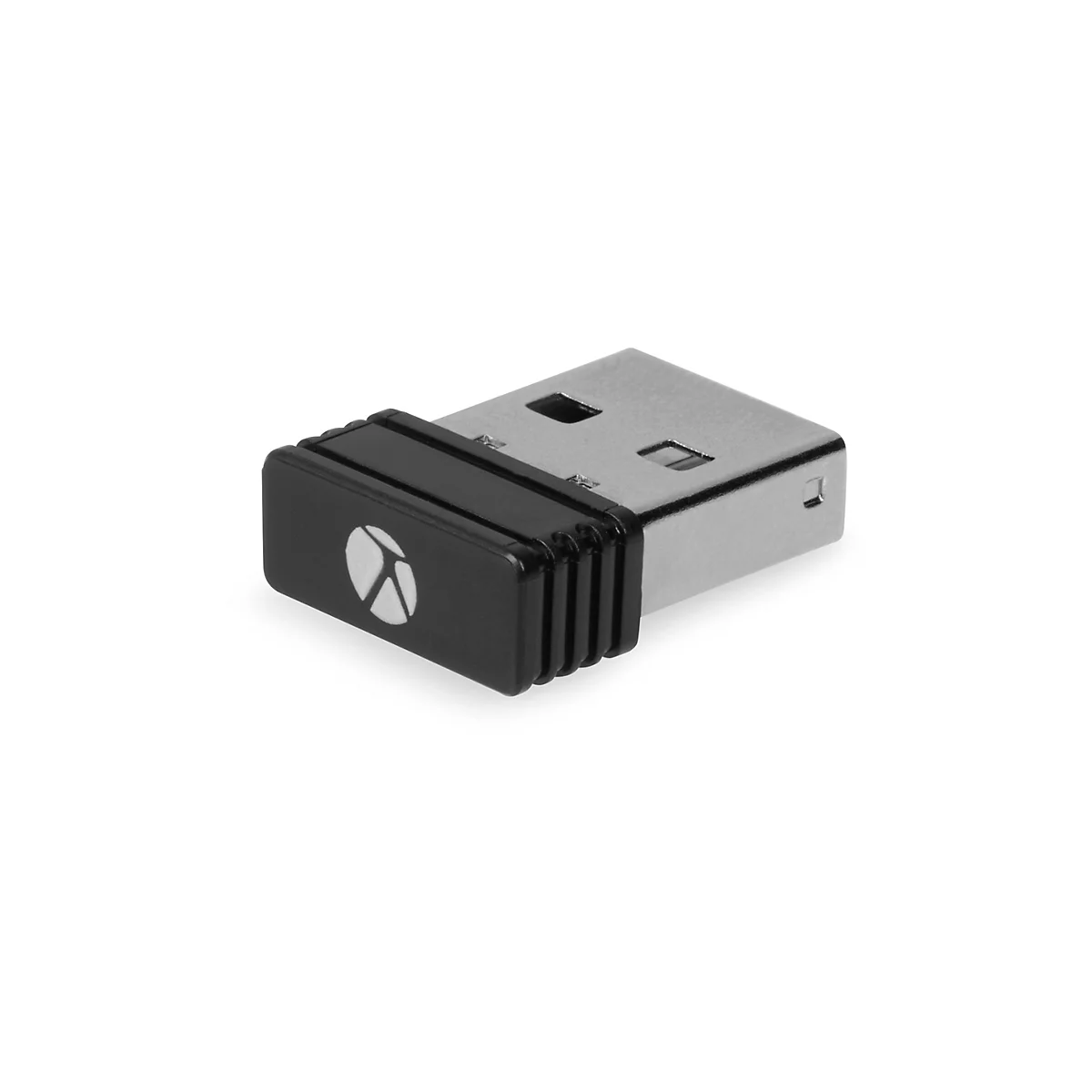 Un adaptateur USB noir avec un logo sur fond blanc.